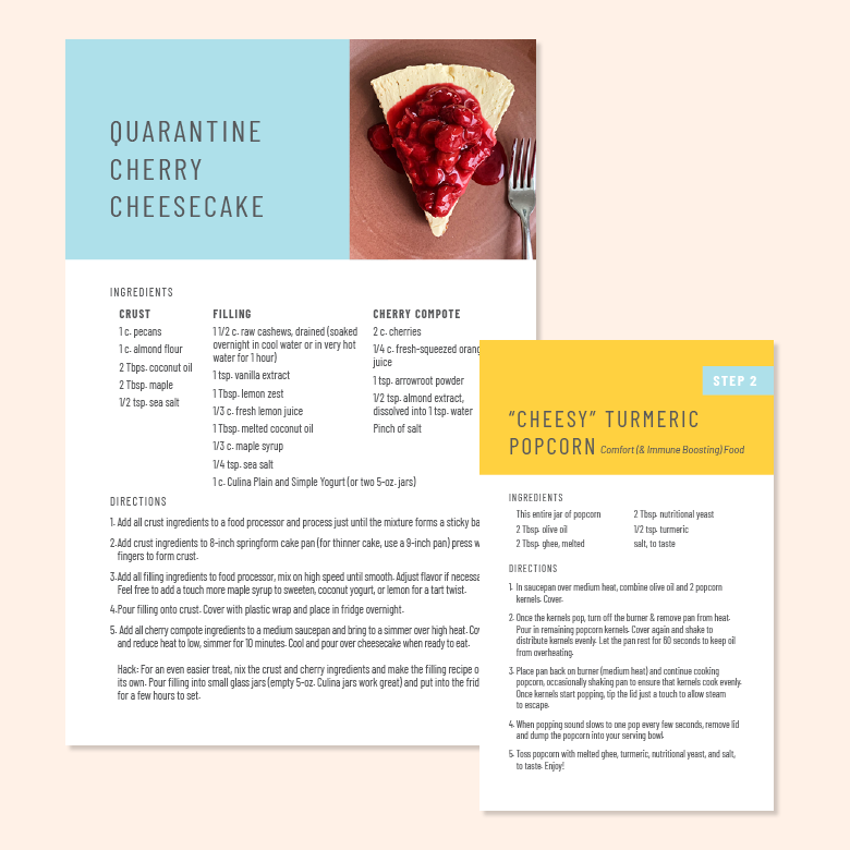 Culina care package recipe cards for Quarantine Cherry Cheesecake and Cheesy Turmeric Popcorn