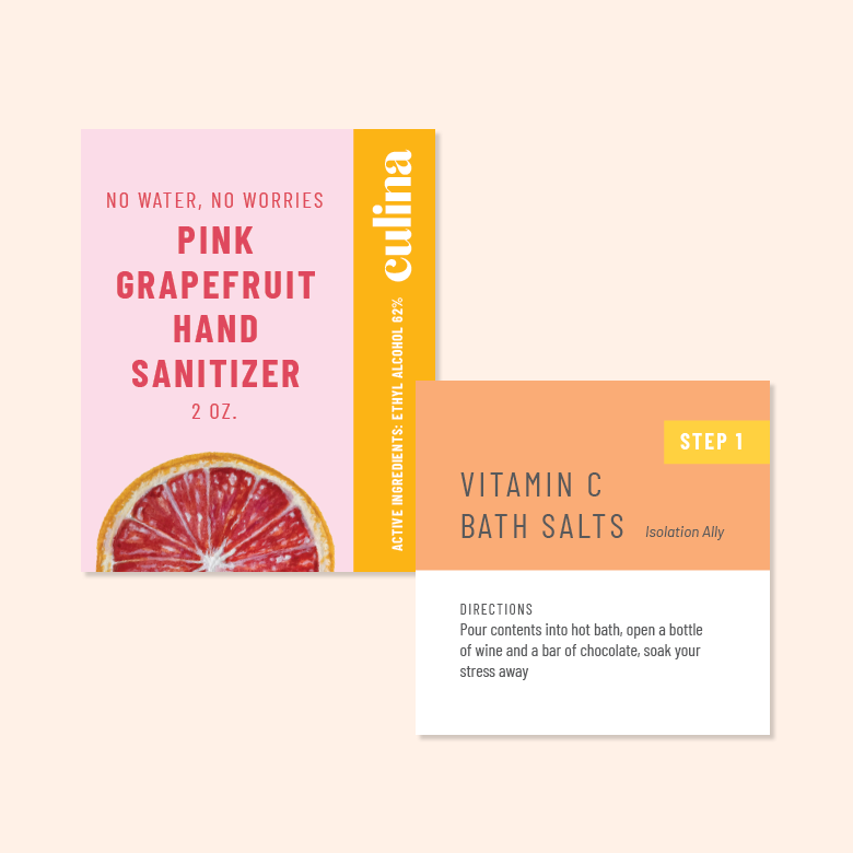 Culina collateral: Pink Grapefruit Hand Sanitizer label and Vitamin C Bath Salts directions card
