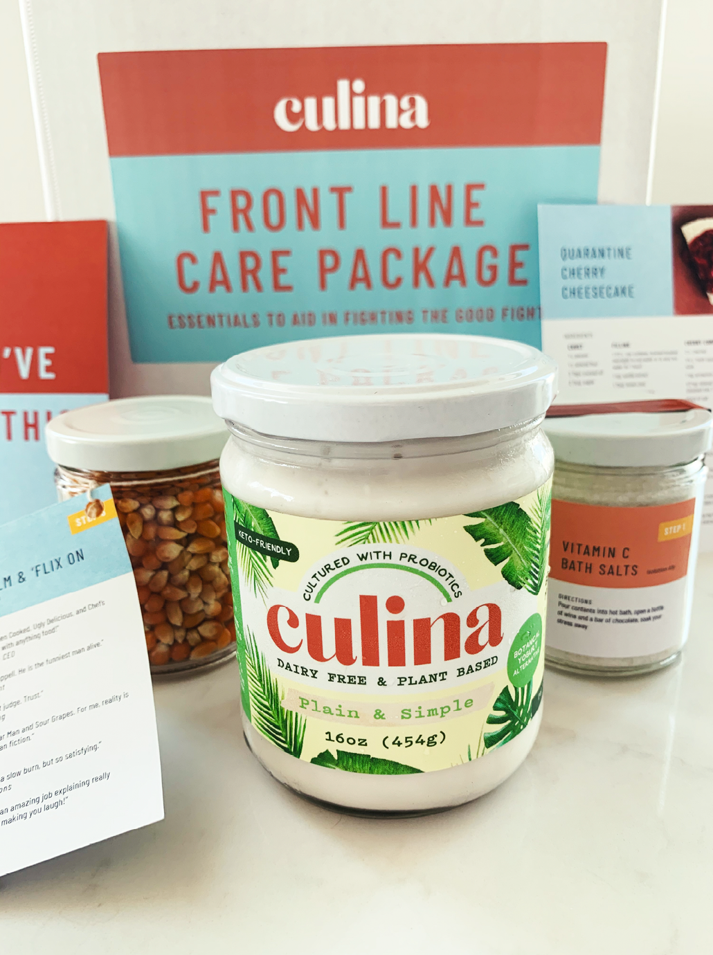 Culina Plain & Simple dairy-free plant-based yogurt jar with Front Line Care Package items