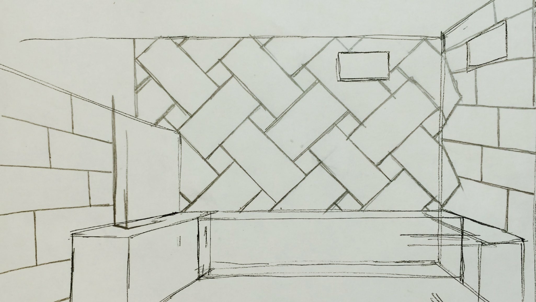 Pencil sketch concept of a taproom interior showing a herringbone-tiled feature wall and seating