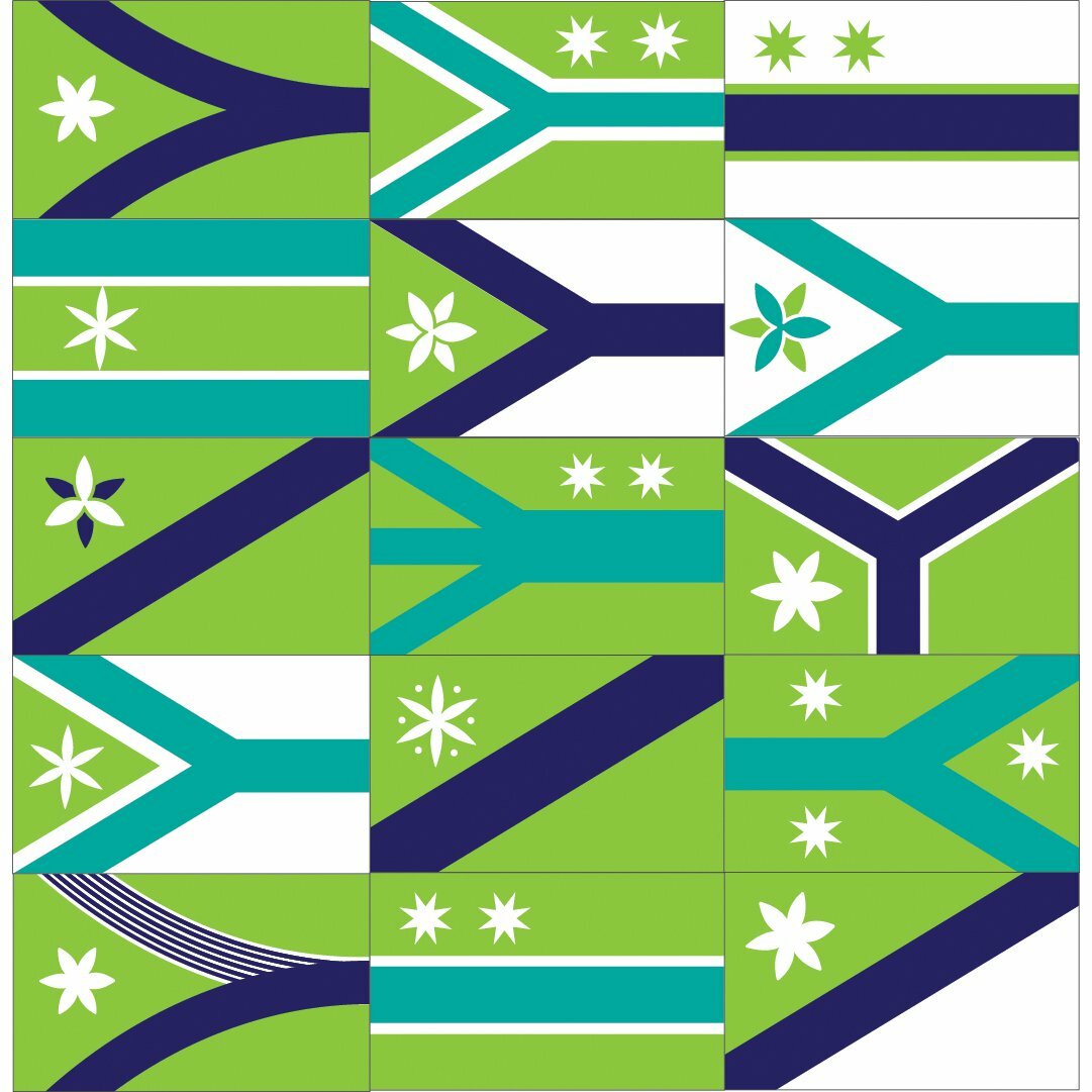 Grid of green, navy, teal and white flag design concepts with stars, stripes and flower motifs