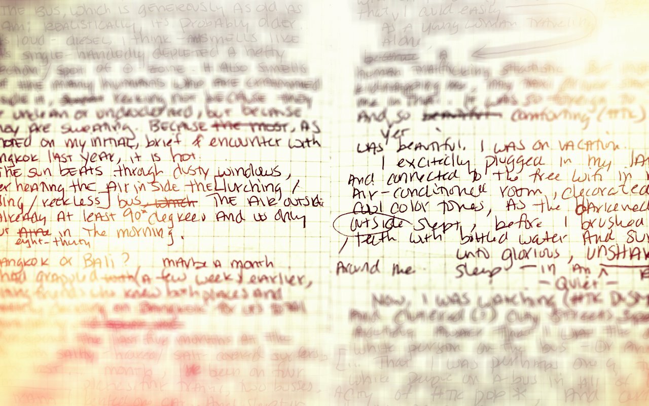 Close-up of densely handwritten journal pages with edits and notes, for the Why Words Matter essay