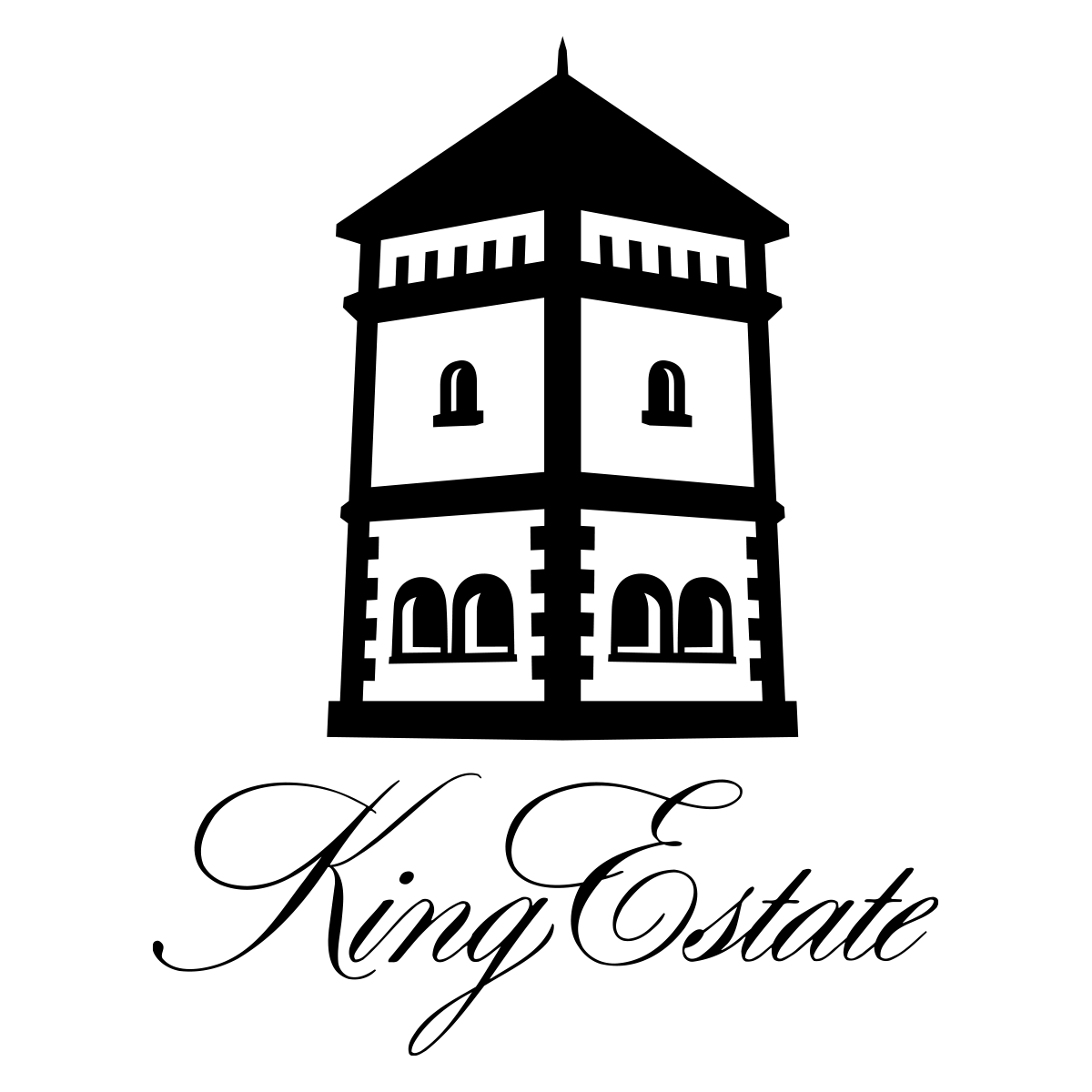 King Estate logo with a black tower illustration above script lettering