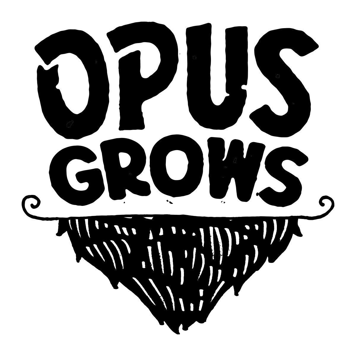 Opus Grows logo in hand-drawn black lettering above a hatched triangular shape