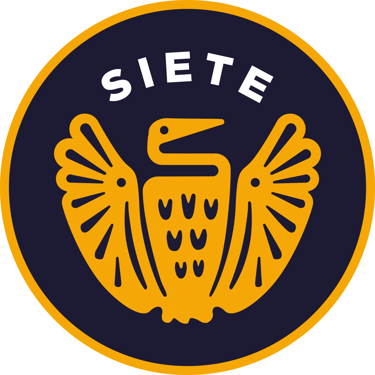 Siete badge logo: gold bird with outstretched wings and the word Siete on a navy circle