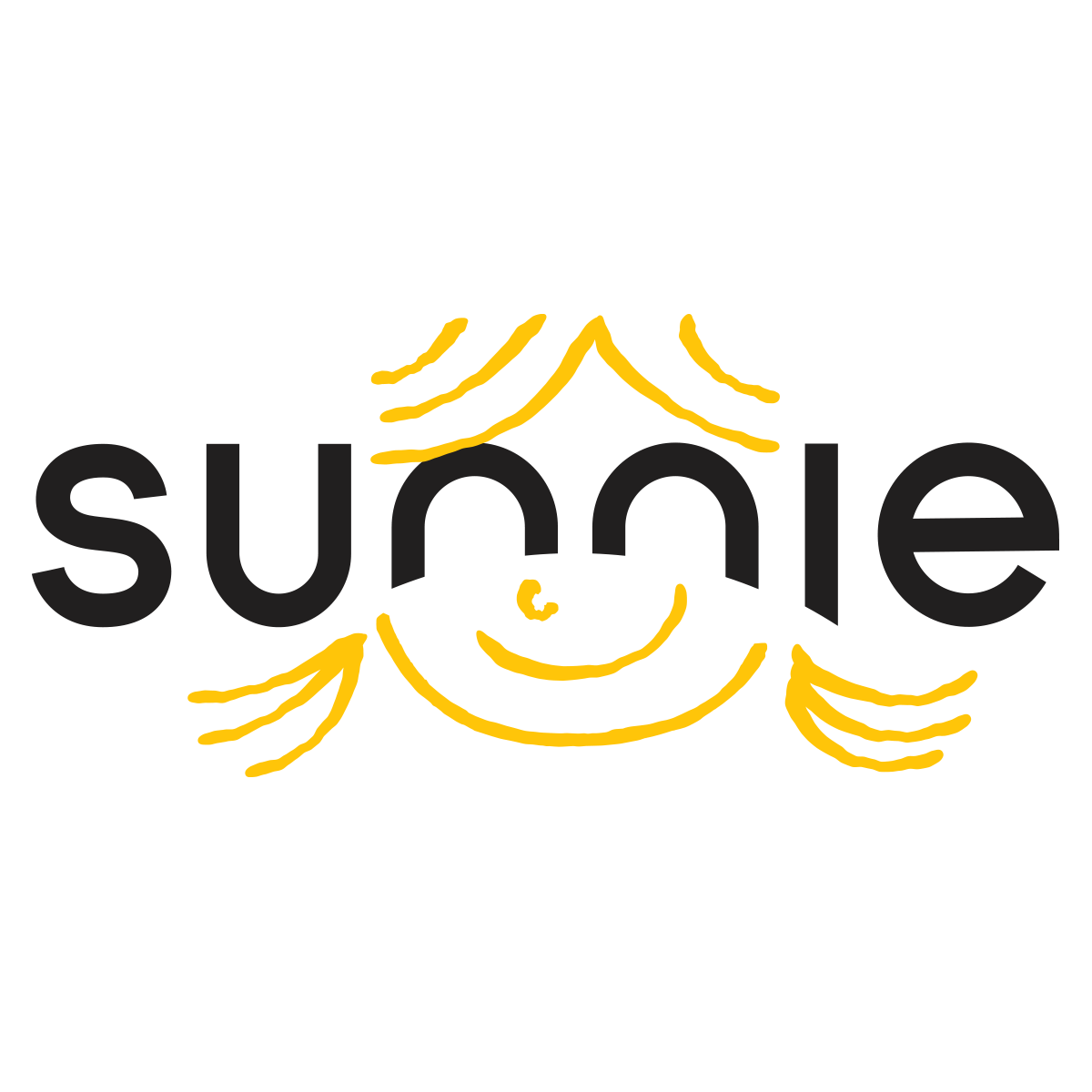 Sunnie logo with sun-ray pigtails forming a smiling face wordmark