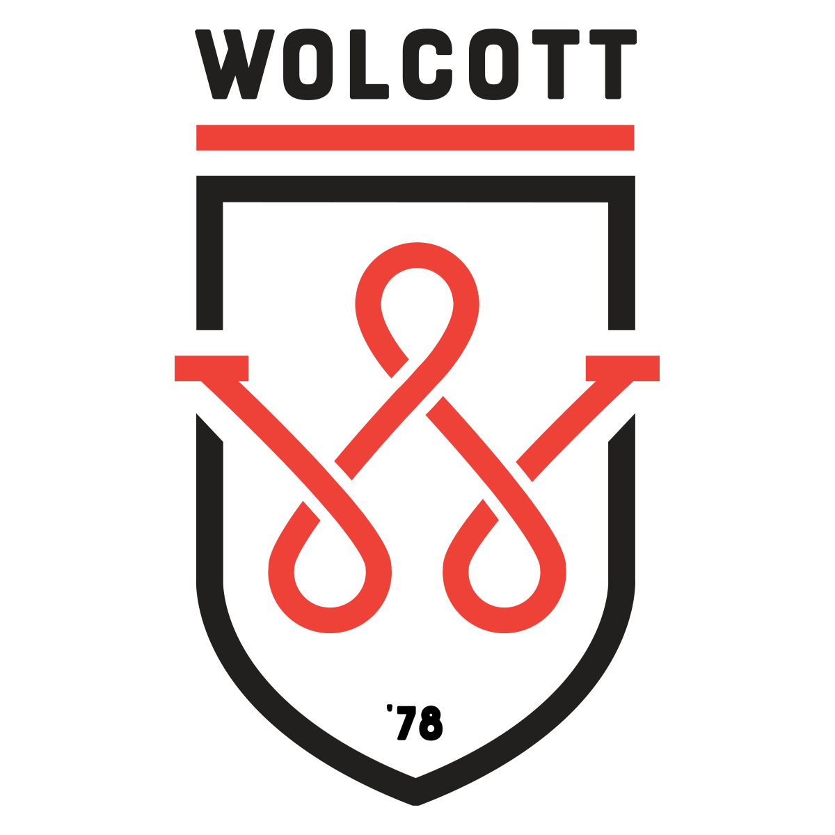 Wolcott shield logo with interlocking W monogram, red and black, dated '78