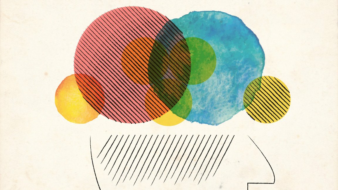 Abstract head silhouette filled with overlapping colorful watercolor circles and hatched lines, evoking ideas and equity