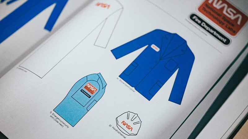Open NASA Graphics Standards Manual page showing blue uniform jacket diagrams with red NASA worm logo patches