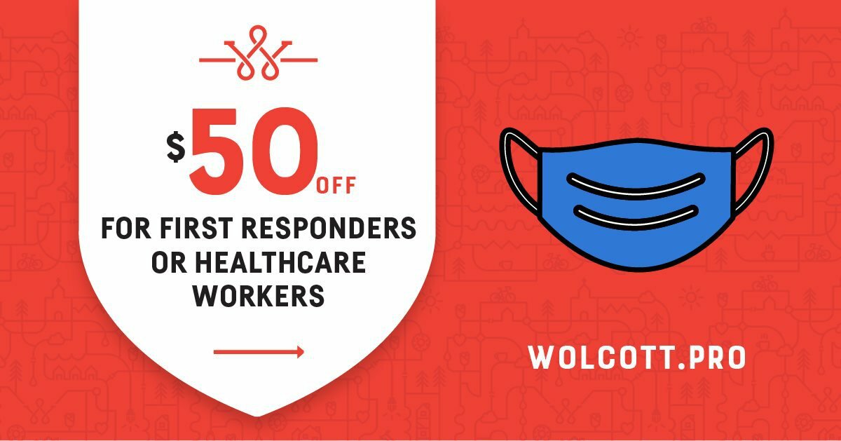 Wolcott promo with blue face mask offering $50 off for first responders or healthcare workers, wolcott.pro