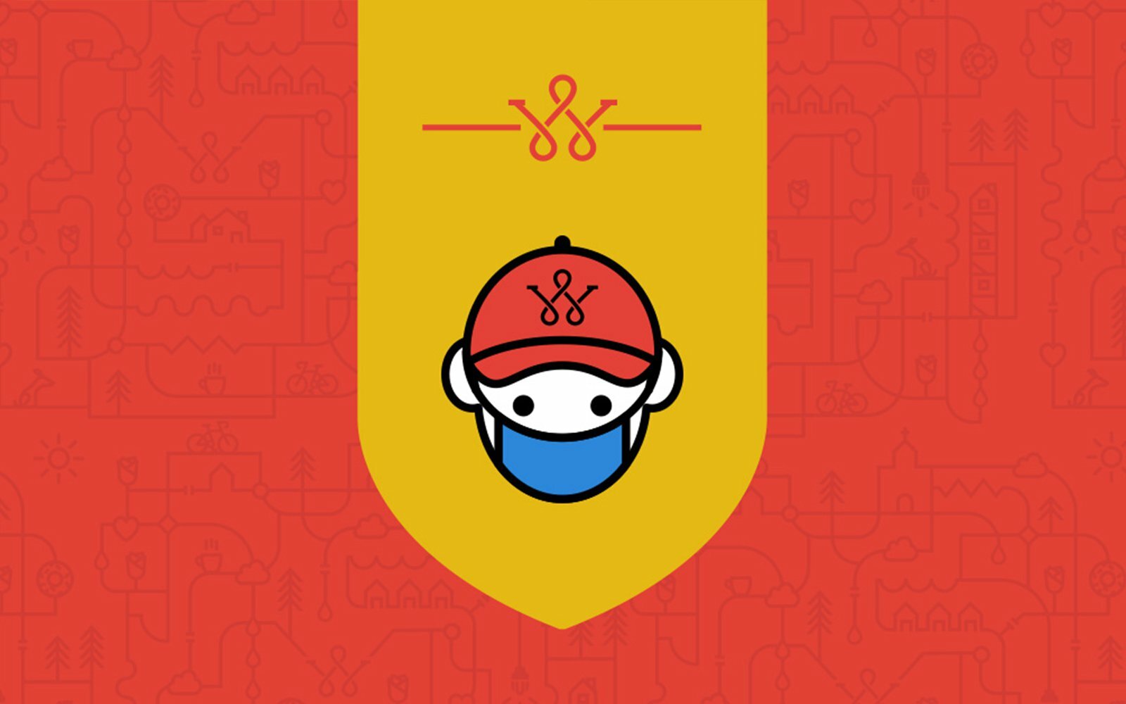 Illustration of a masked Wolcott worker in a red cap on a yellow banner over a red pattern