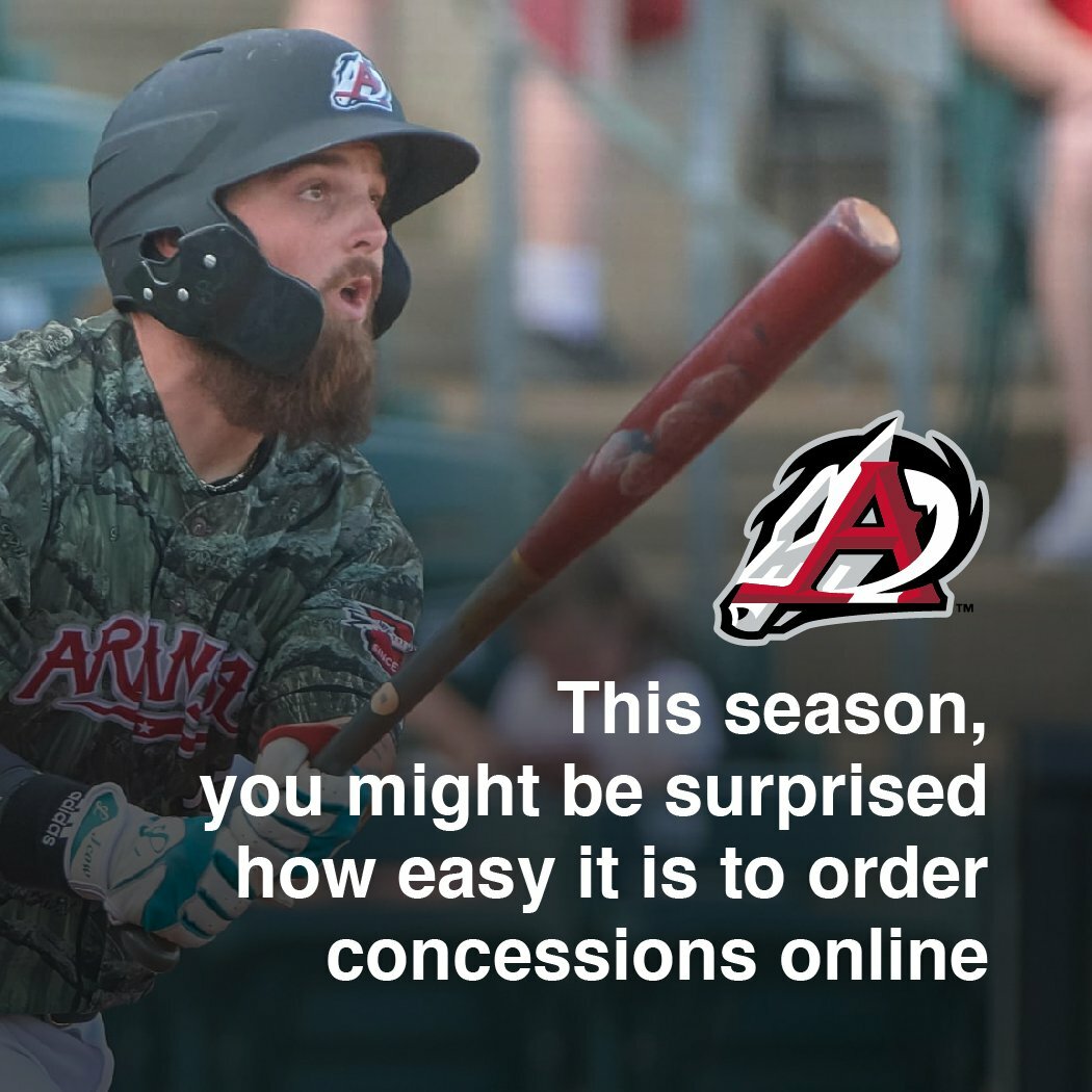 Arkansas Travelers batter at the plate with text on ordering concessions online via Porter