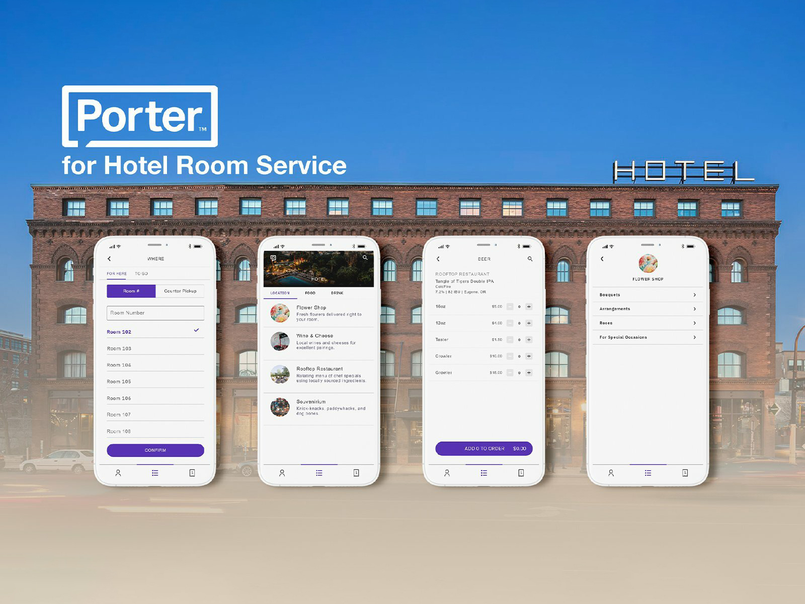 Porter for Hotel Room Service app screens shown over a brick hotel building exterior