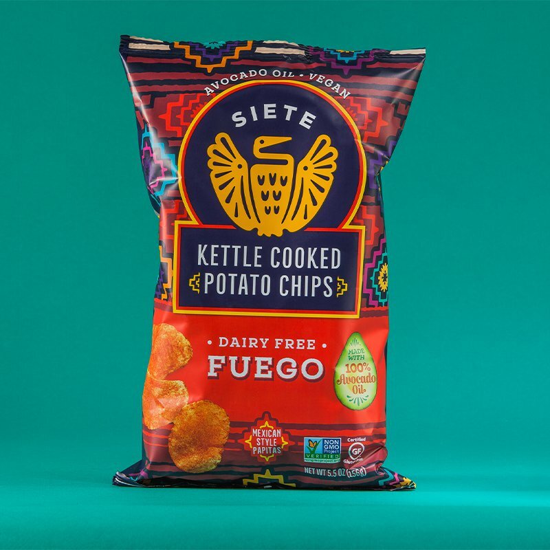 Siete Fuego Kettle Cooked Potato Chips bag showing the eagle logo and patterned design