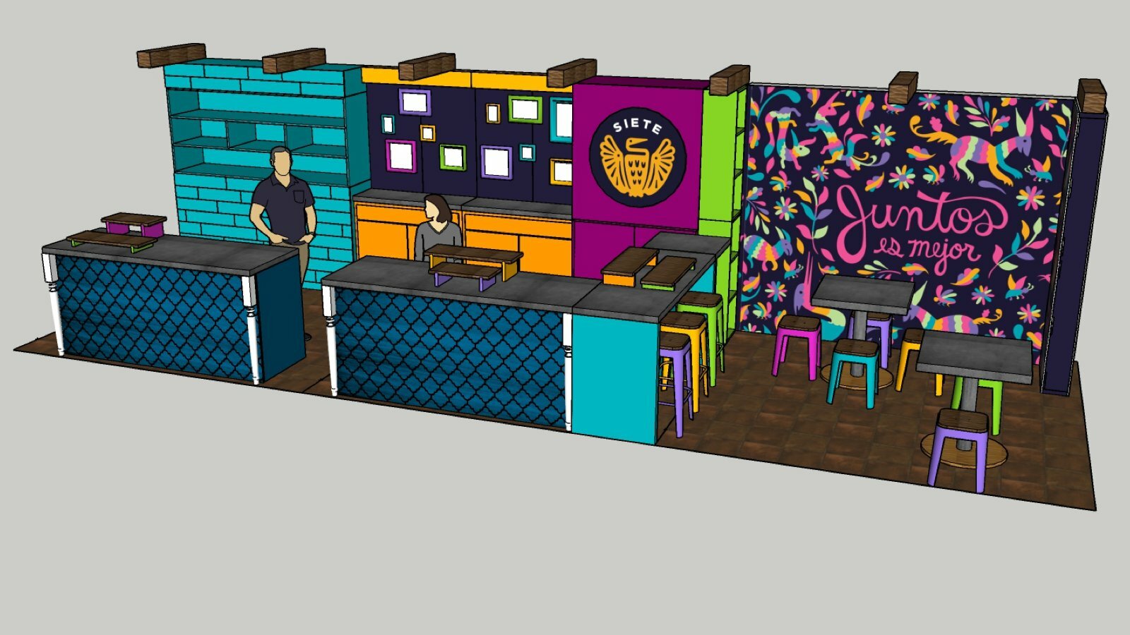 3D render of Siete's colorful trade show booth with kitchen, bar and Otomi-print wall
