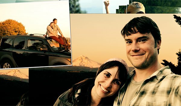 Photo collage of a smiling couple and people on a car with a mountain backdrop