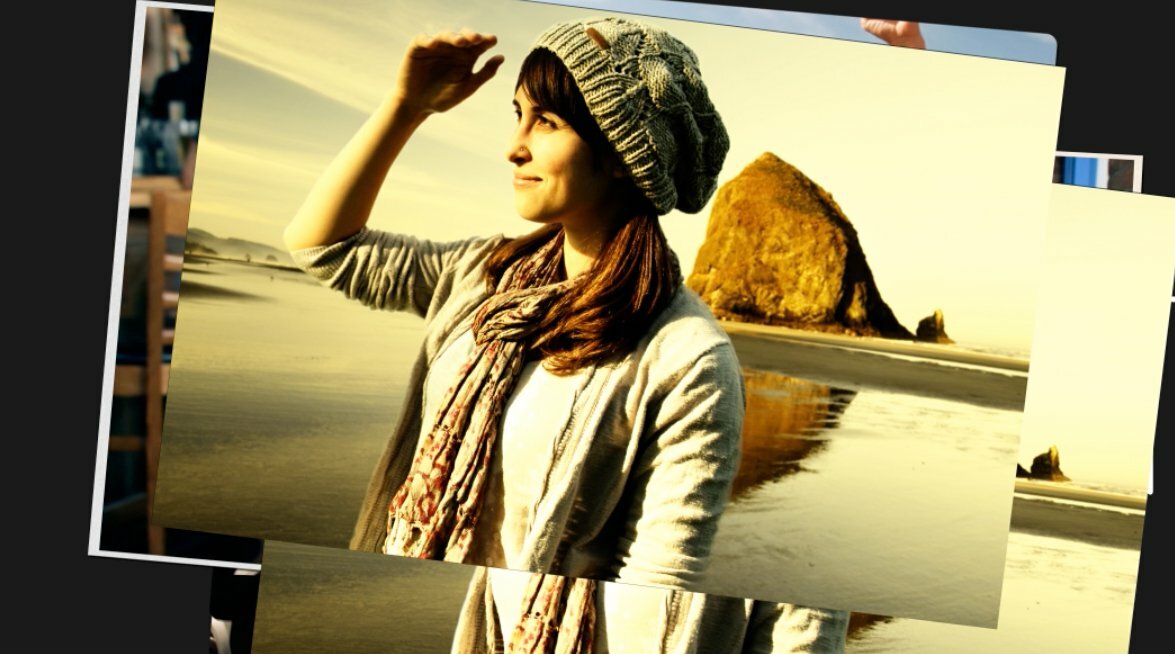 Collage centered on a woman in a beanie shielding her eyes at Haystack Rock on the Oregon coast