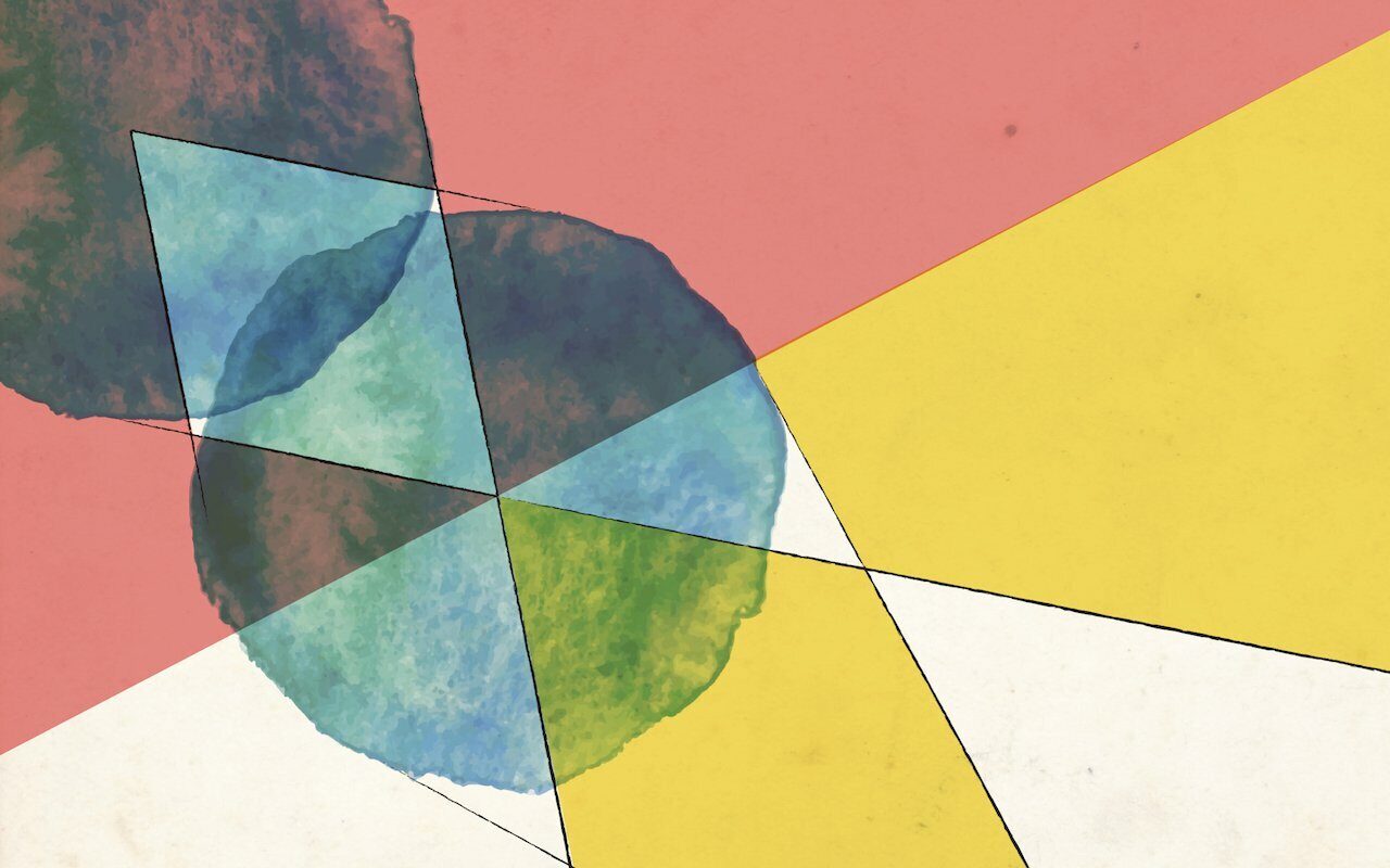 Abstract collage of watercolor circles and geometric triangles on coral, yellow and cream, illustrating brand equity