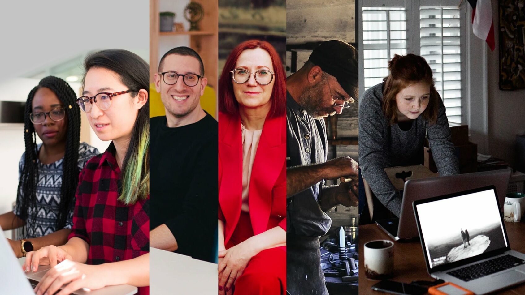 Five portraits of people of varying ages working and creating, in a row
