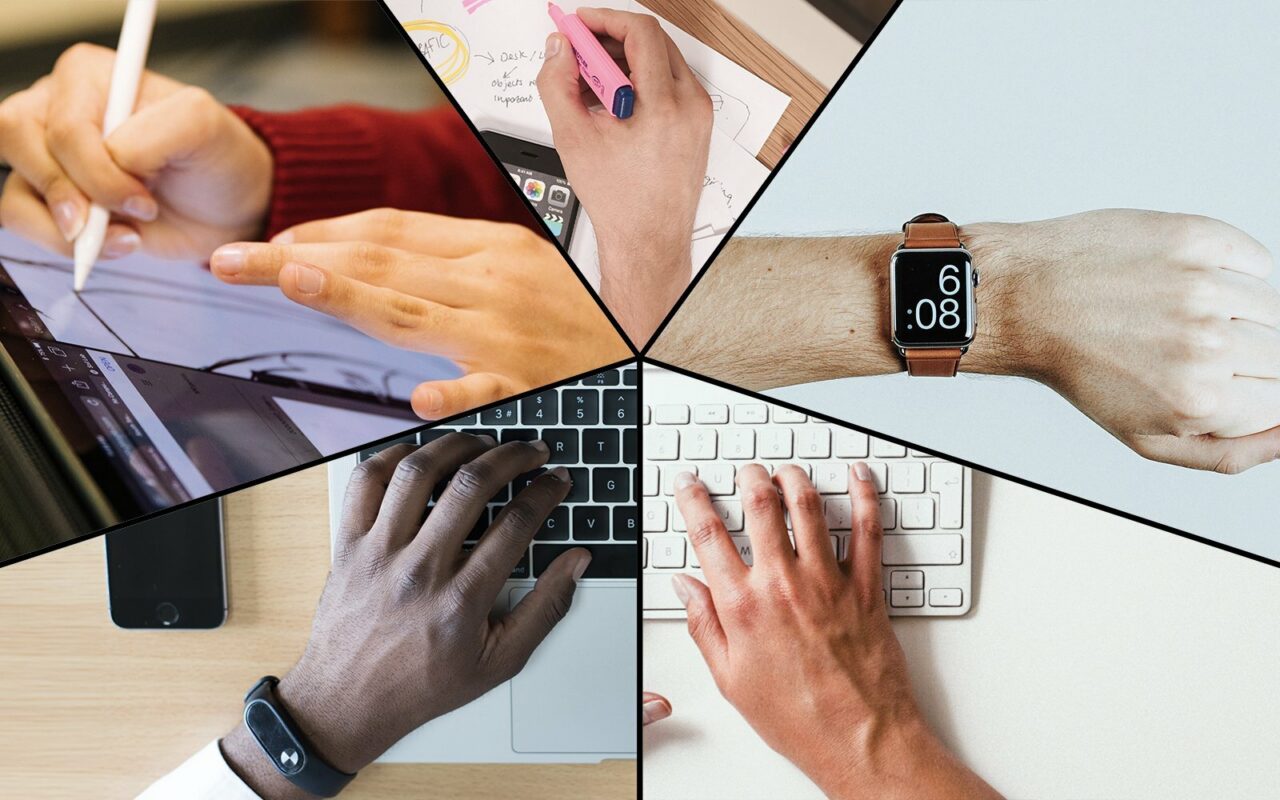 Collage of hands sketching, typing on keyboards and a smartwatch, illustrating work process