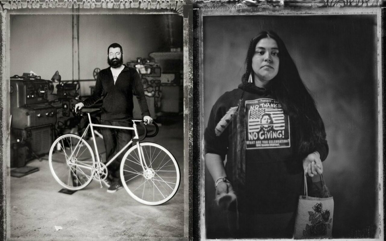 Black-and-white tintype portraits by Trask Bedortha: a man with a bicycle and a woman holding a bag