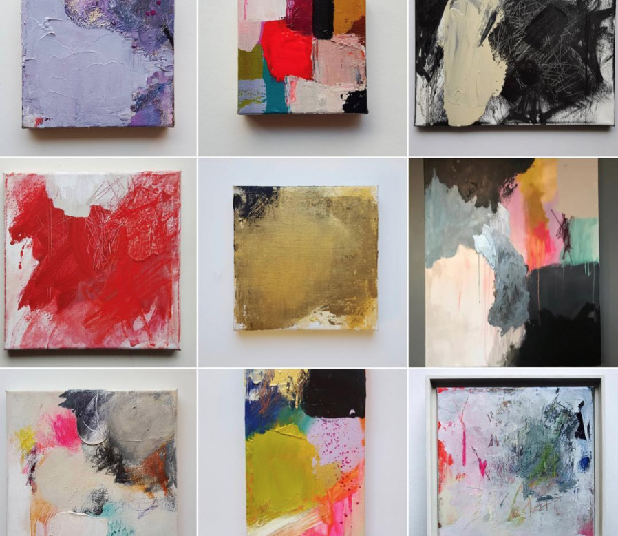 Grid of nine small abstract paintings in varied colors, an artist's Instagram best-nine collage