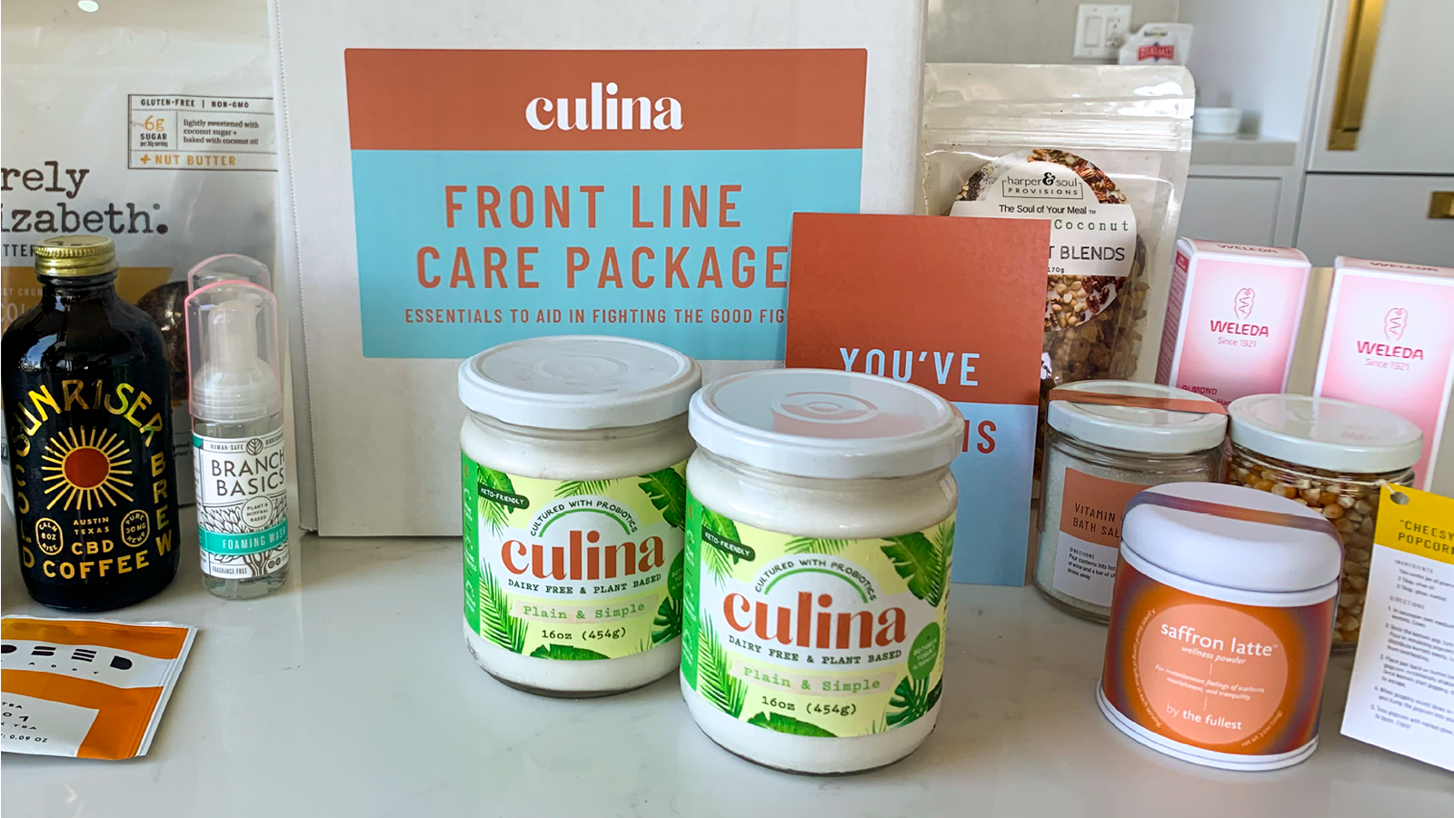 Culina Front Line Care Package with dairy-free yogurt jars, CBD coffee and wellness products
