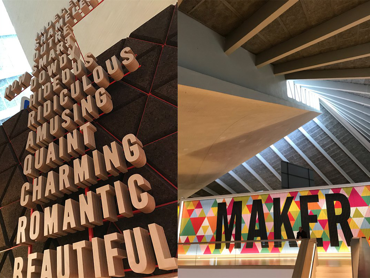 Design Museum London display: stacked adjective words like Beautiful, Romantic, Charming beside a colorful 'MAKER' sign