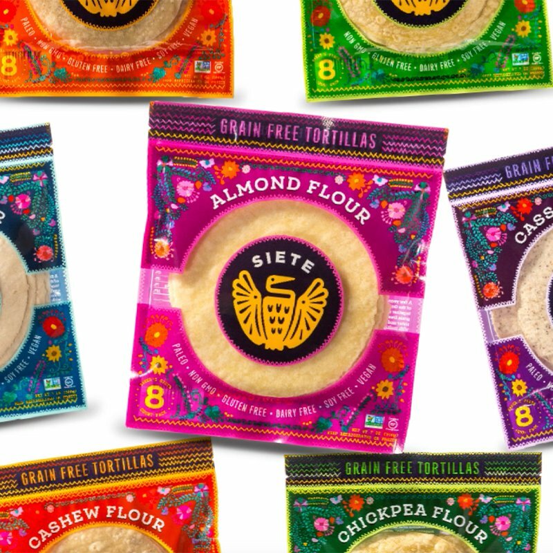 Siete Grain Free Tortillas packets in Almond, Cashew and Chickpea Flour with floral Mexican artwork
