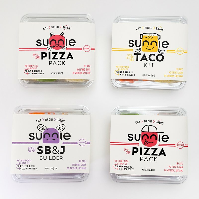 Four Sunnie kids lunch kits: Pizza Pack, Taco Kit and SB&J Builder with playful character logos