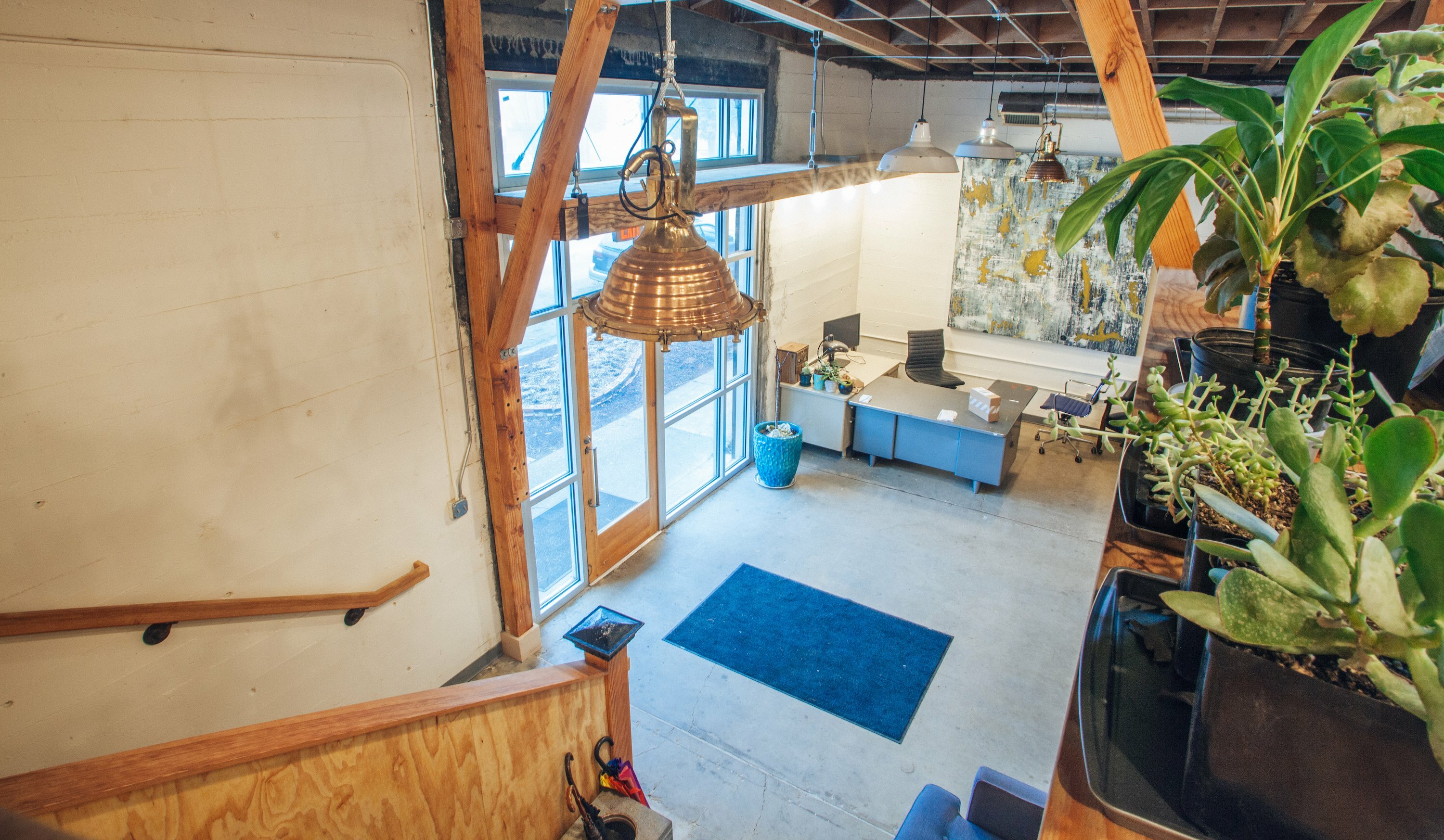 Interior of the finished Bard with timber beams, copper pendant, plants and a blue entry mat