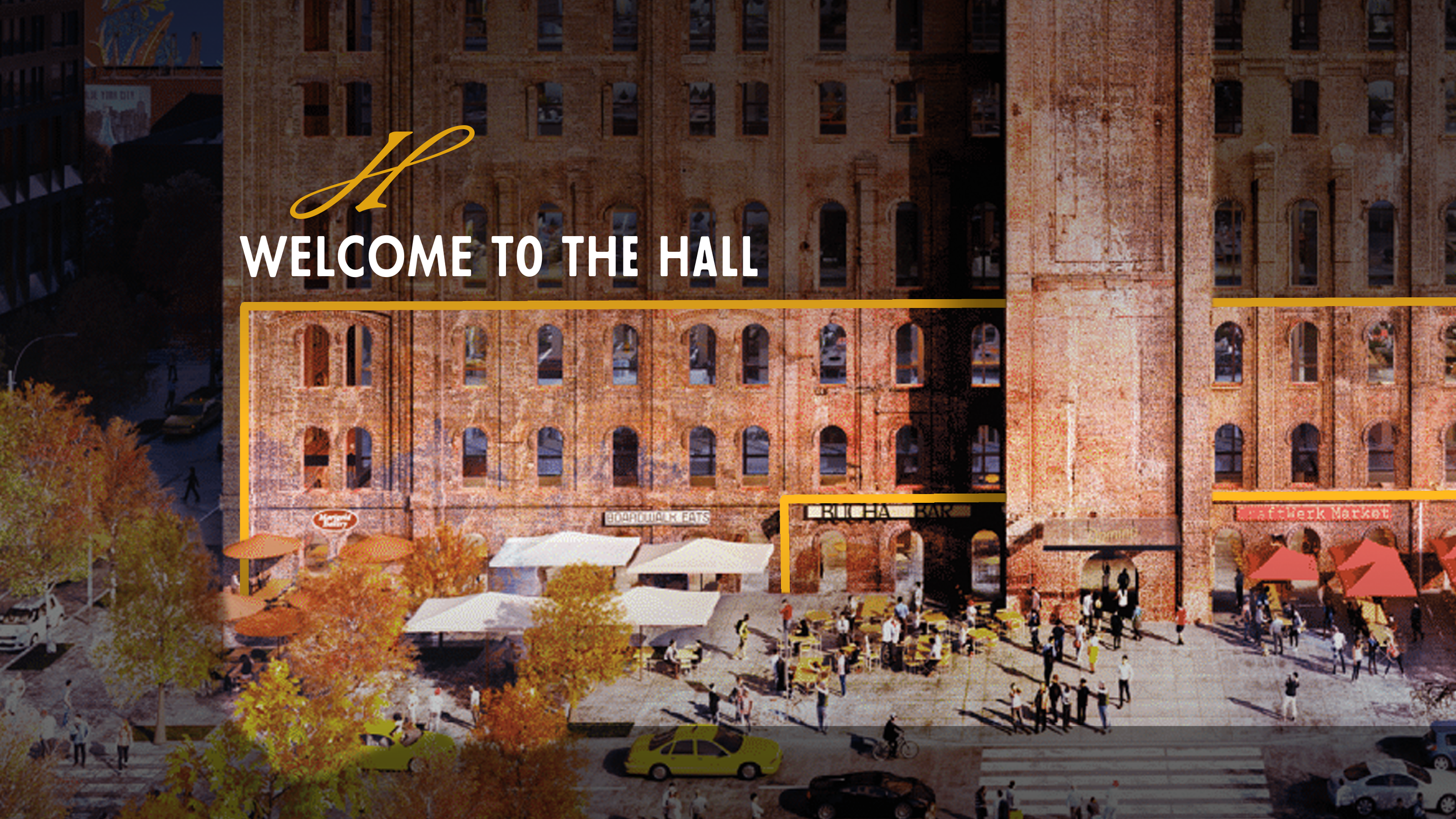 Honeycomb Welcome to the Hall rendering of brick building facade with street plaza