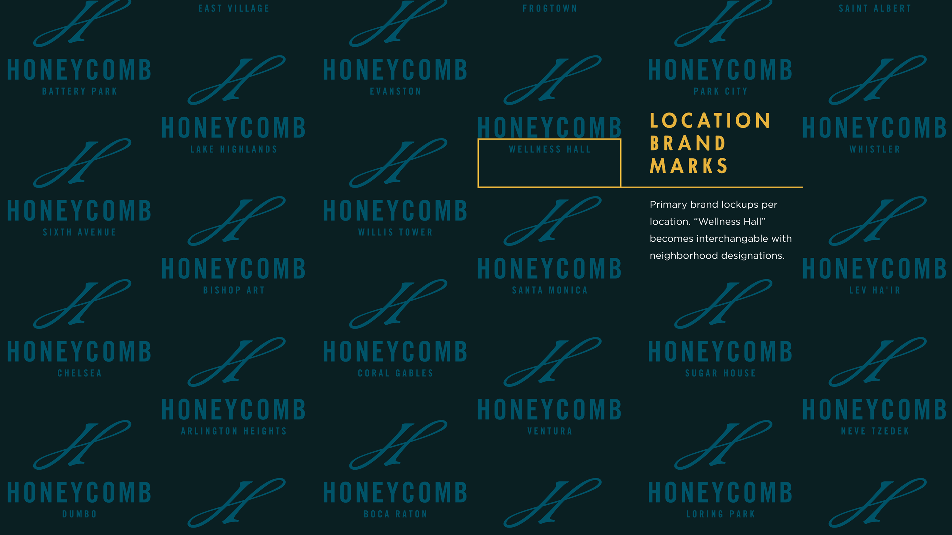 Honeycomb location brand marks grid pairing script H with neighborhood names