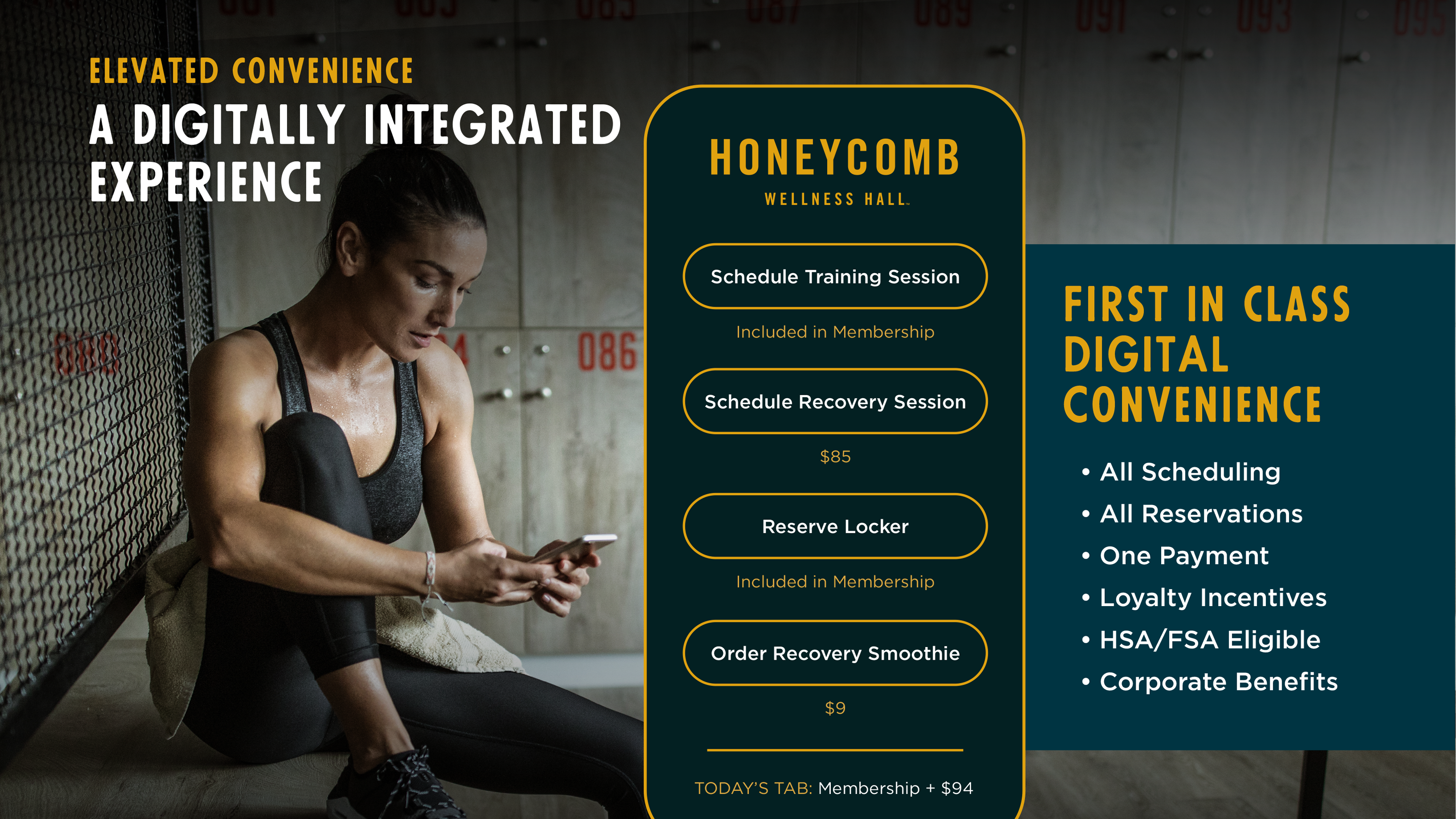 Honeycomb app slide, A Digitally Integrated Experience, with scheduling menu and woman on phone