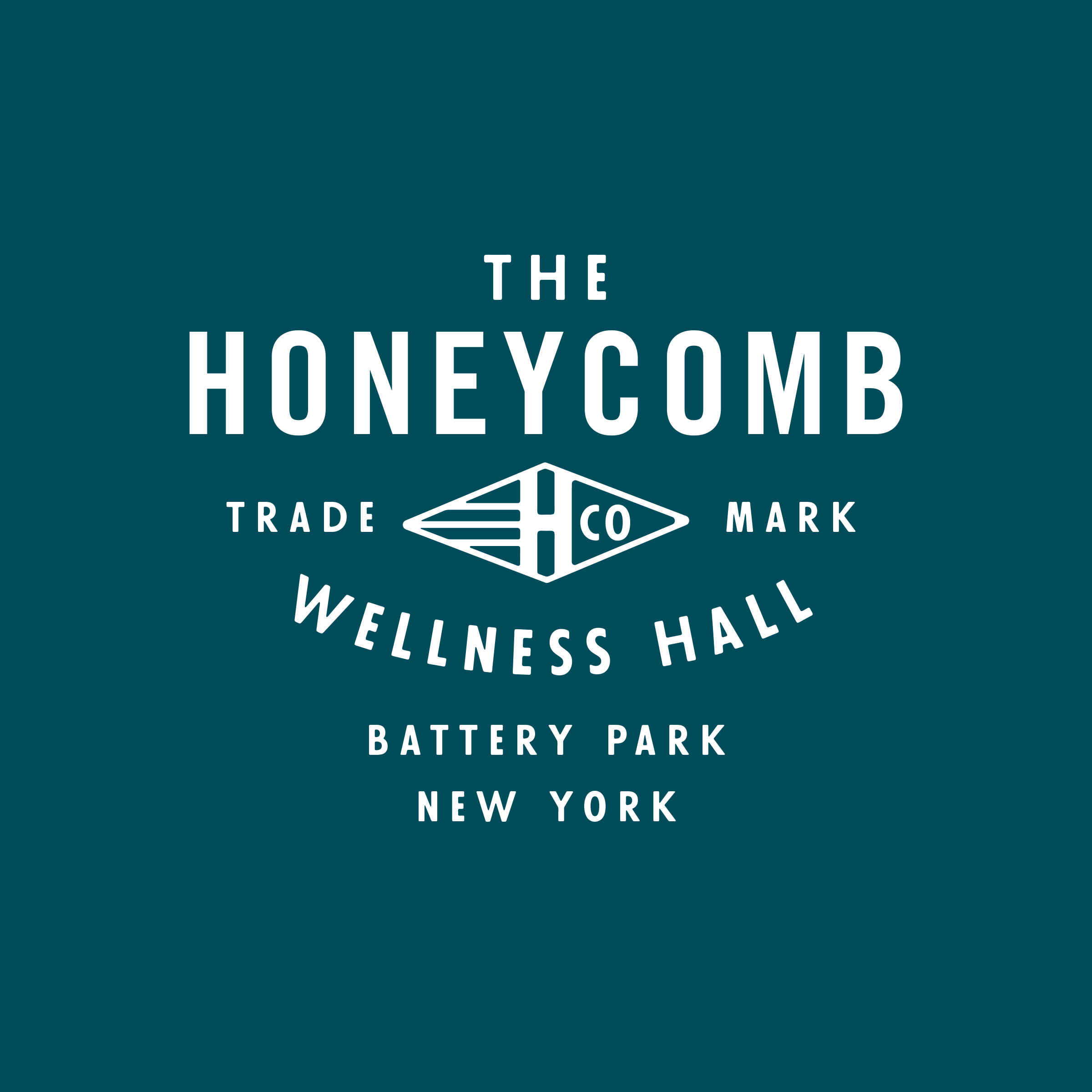 The Honeycomb Wellness Hall Battery Park New York trademark badge logo on teal