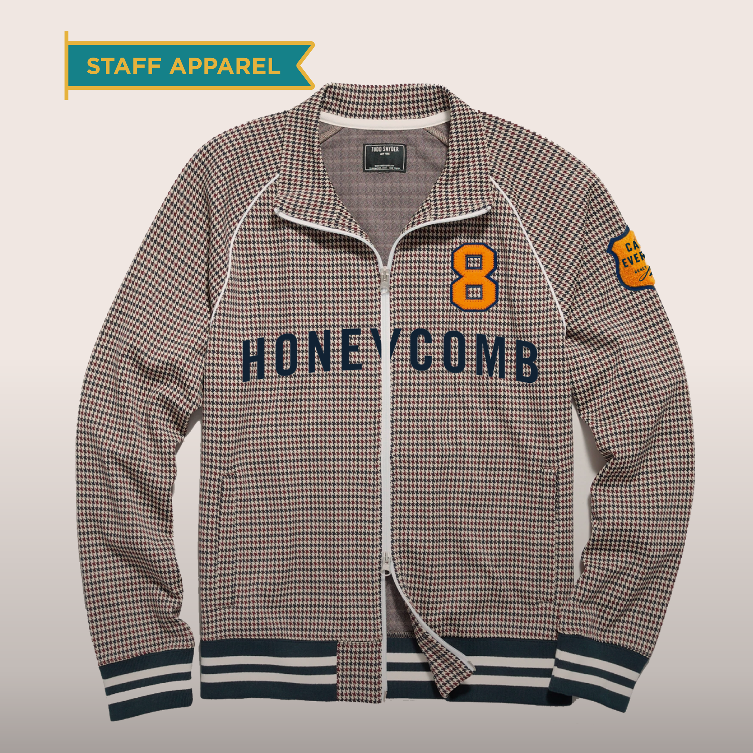 Honeycomb houndstooth staff apparel zip jacket with embroidered wordmark and number 8