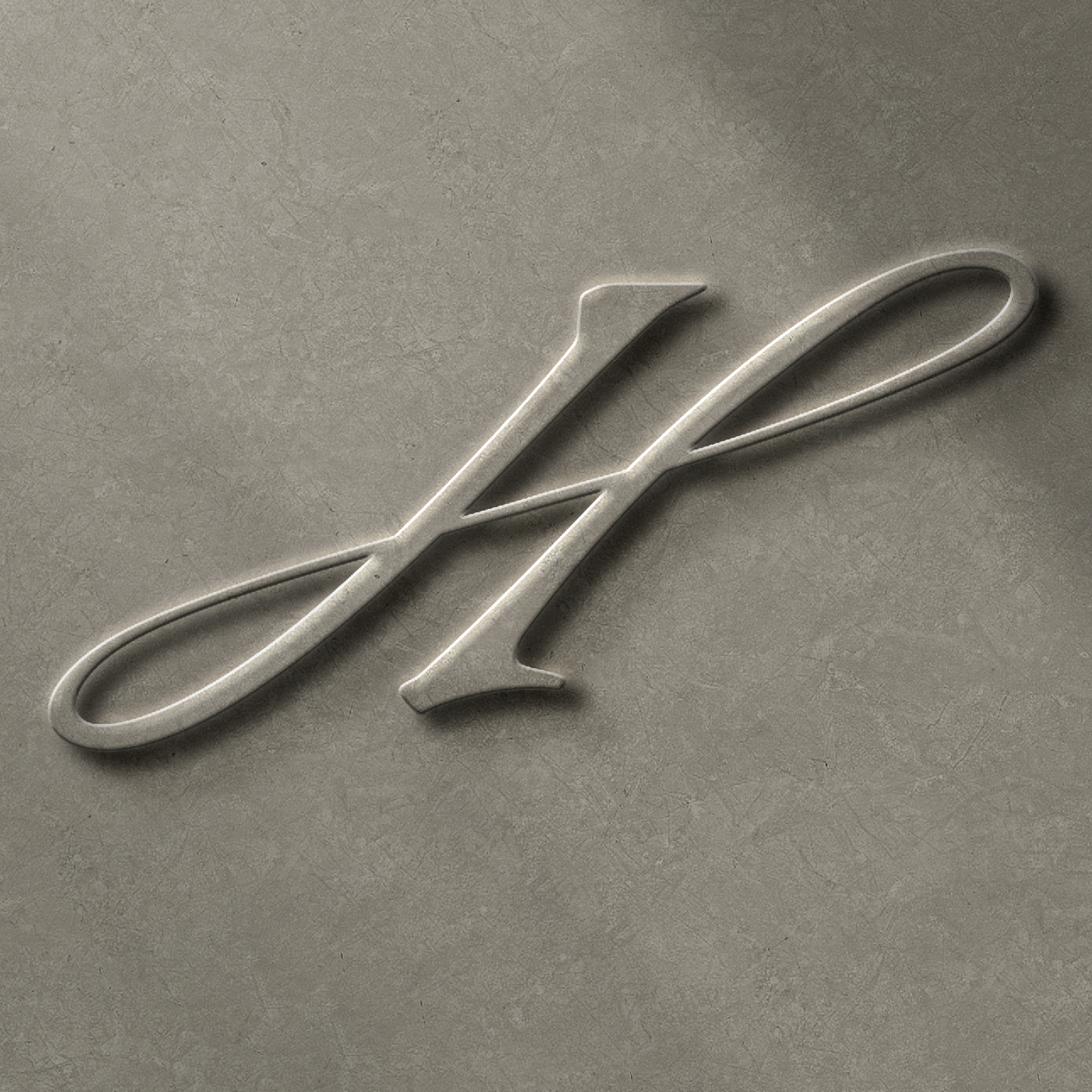 Honeycomb script H monogram rendered as raised stone lettering on gray surface