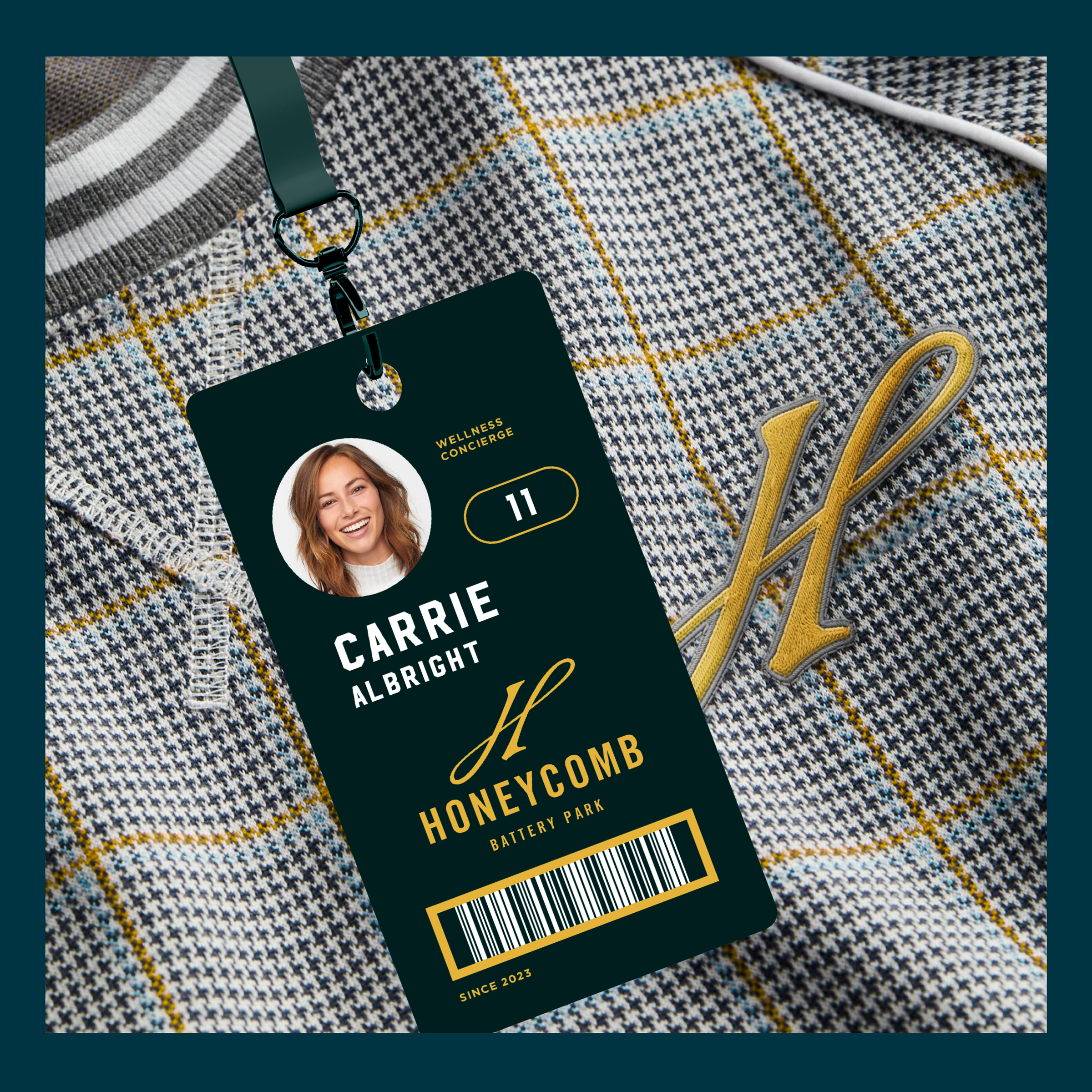 Honeycomb Battery Park staff lanyard ID badge for Carrie Albright on houndstooth fabric