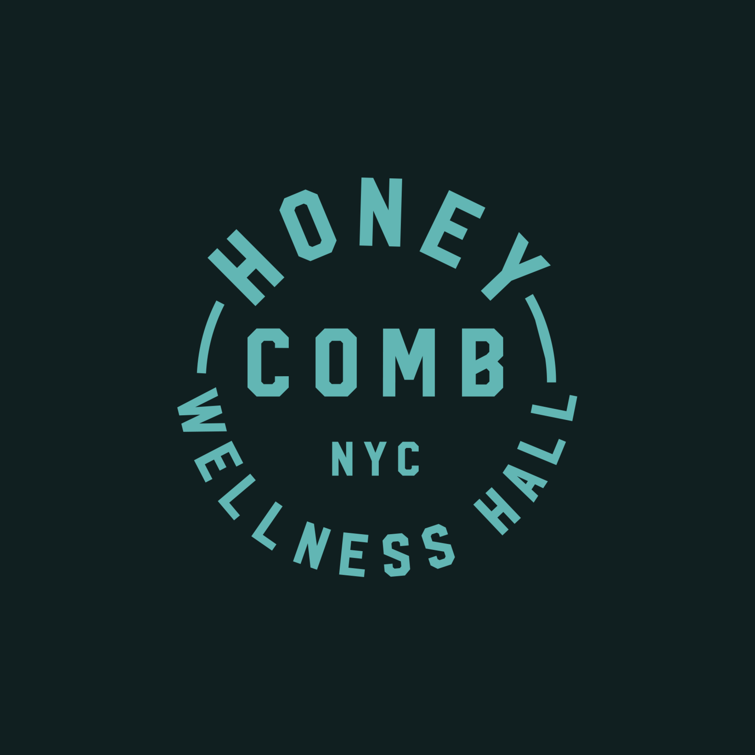 Honeycomb Wellness Hall NYC circular badge logo in teal on dark background