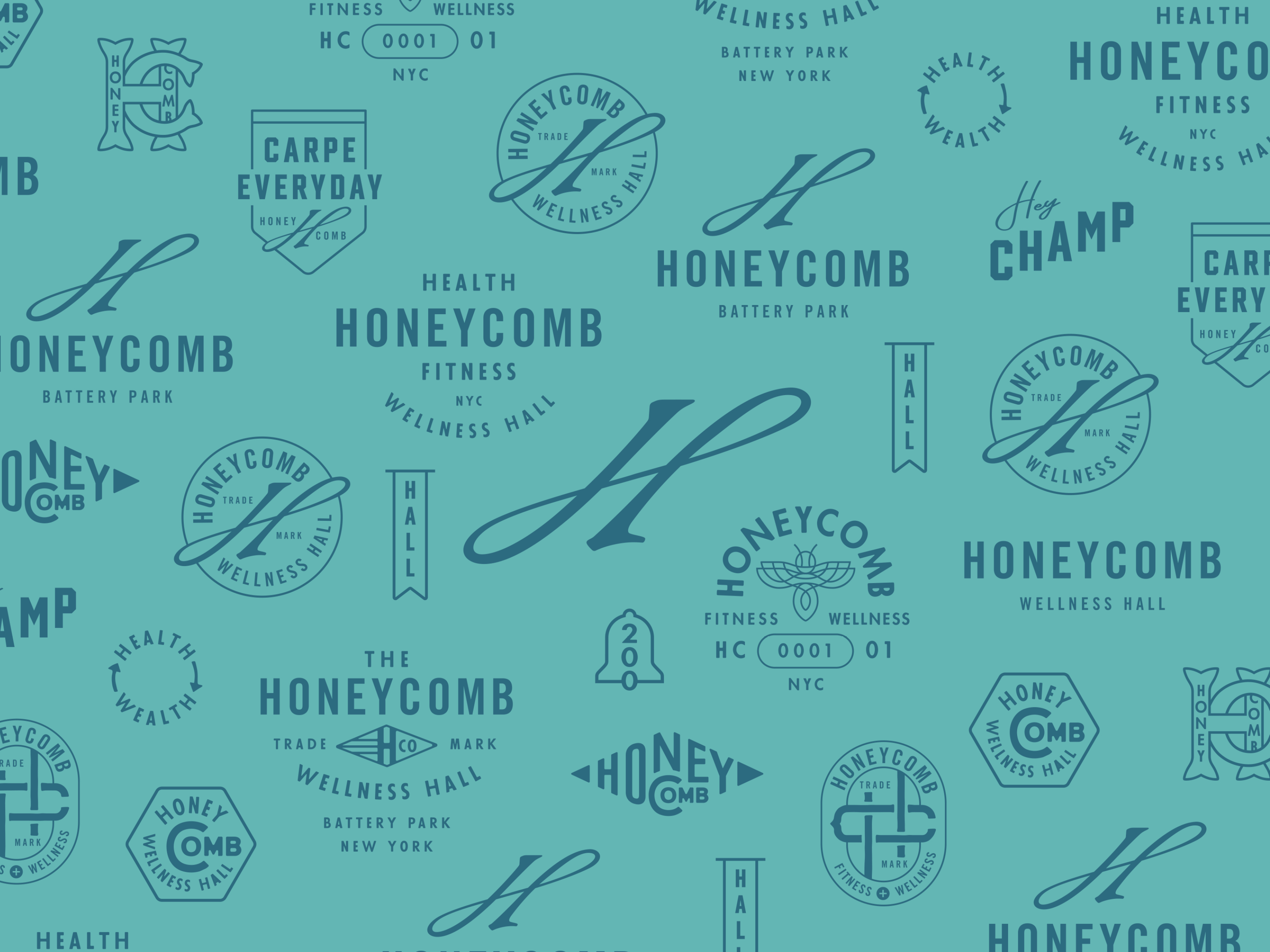 Teal pattern of Honeycomb Wellness Hall logos, badges and script H lockups