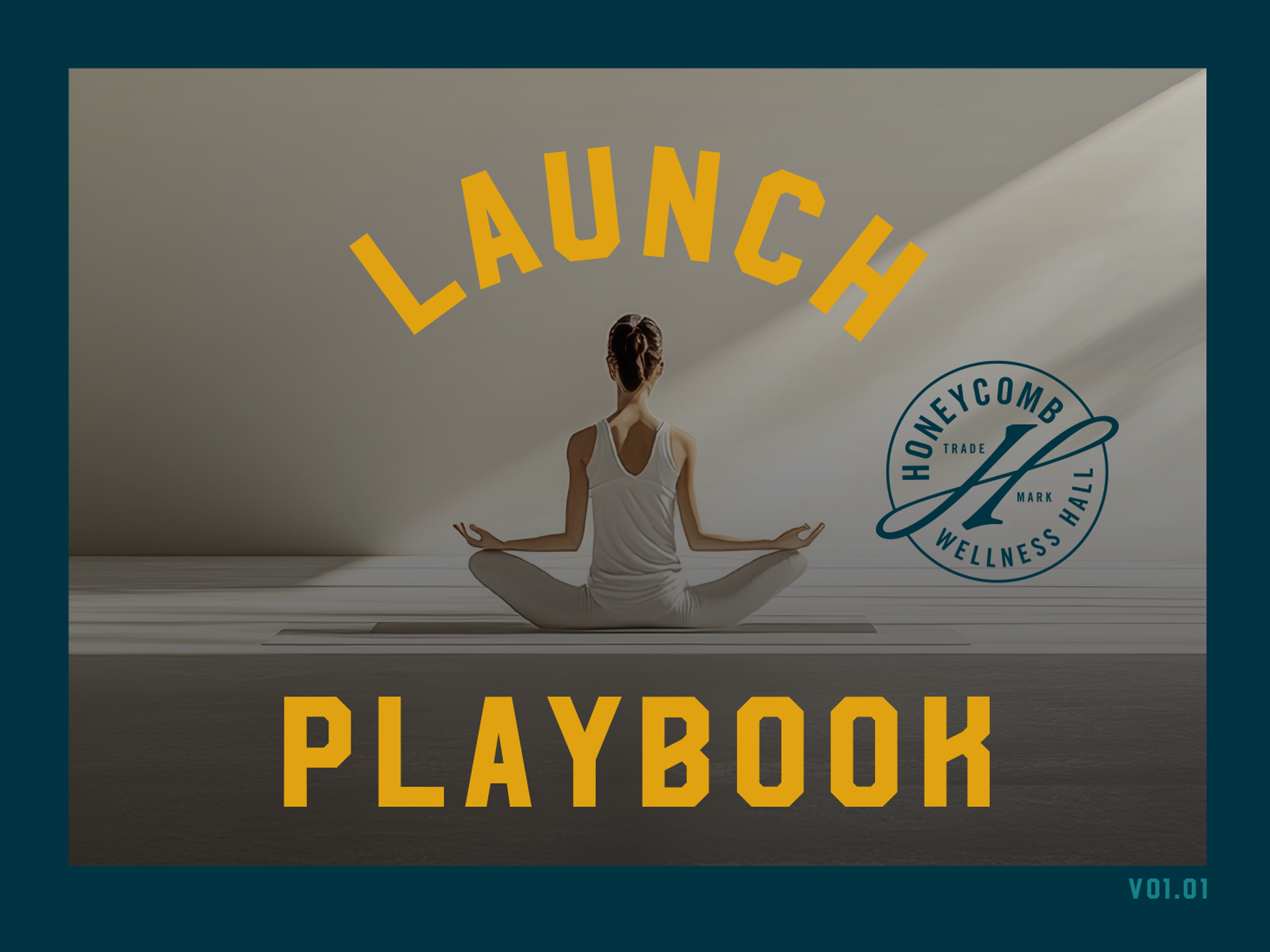 Honeycomb Launch Playbook cover with woman meditating in lotus pose and brand stamp
