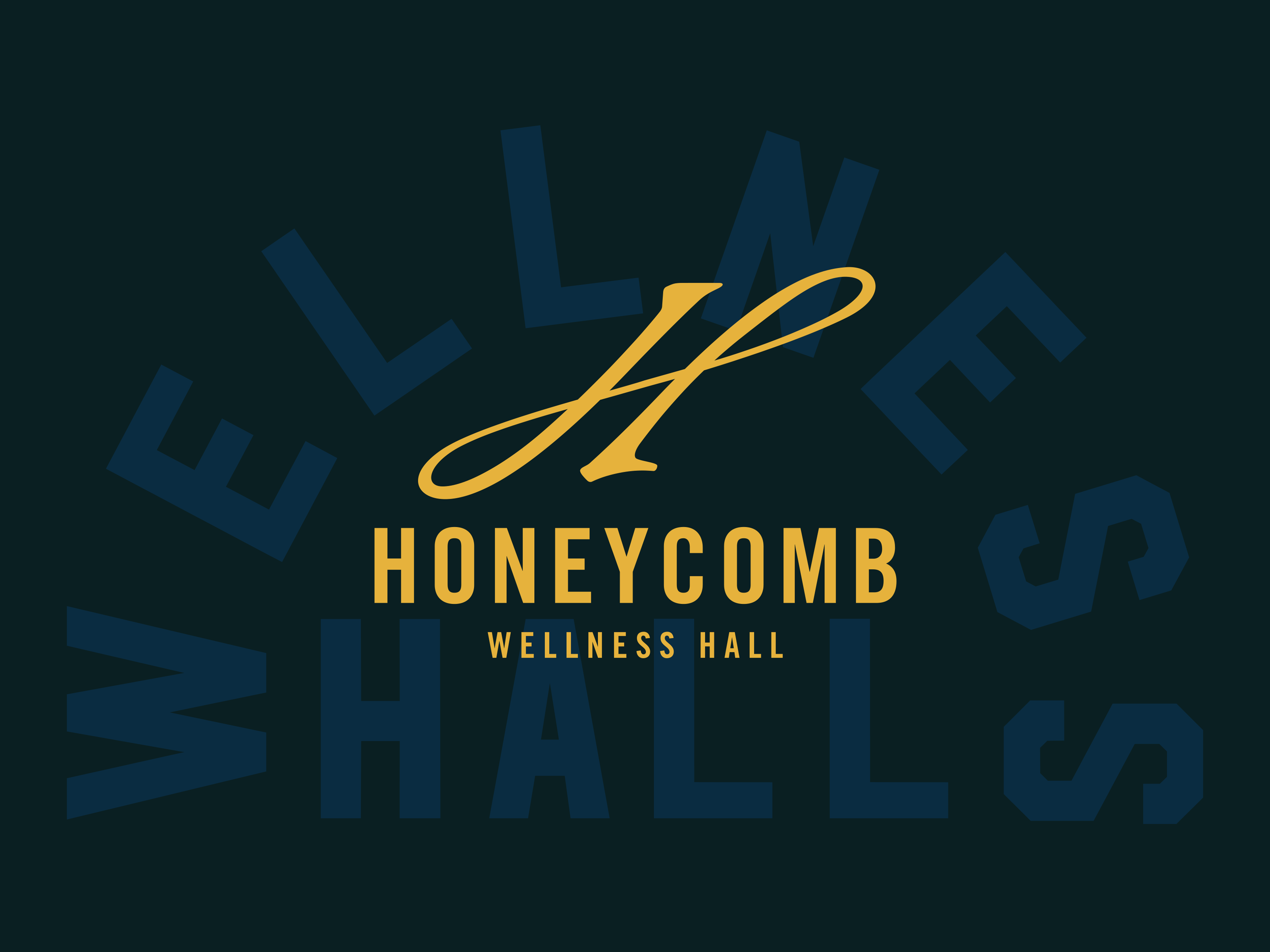 Honeycomb Wellness Hall logo with script H over faded WELLNESS HALL text on dark teal