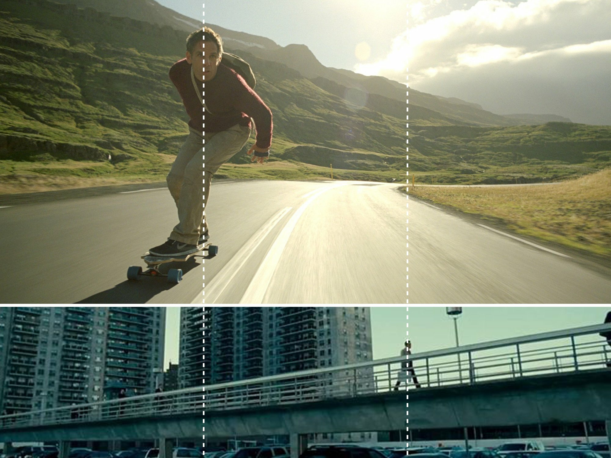 Split symmetry stills: a longboarder on a mountain road above a city overpass with cars