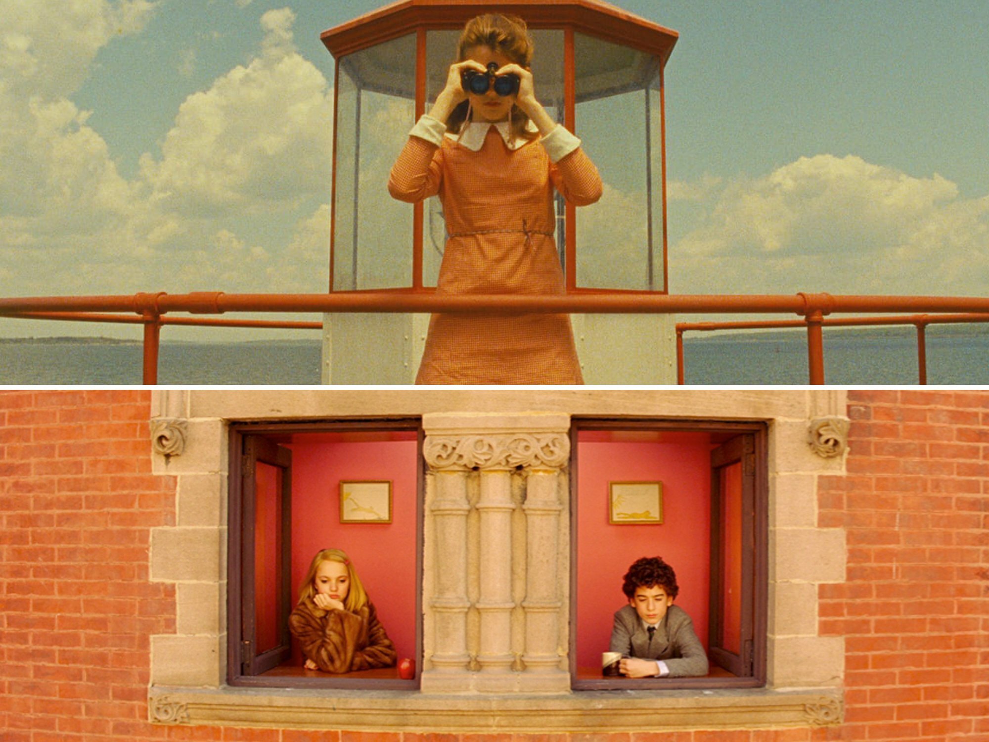 Wes Anderson symmetrical film stills: a girl with binoculars above two children in red windows