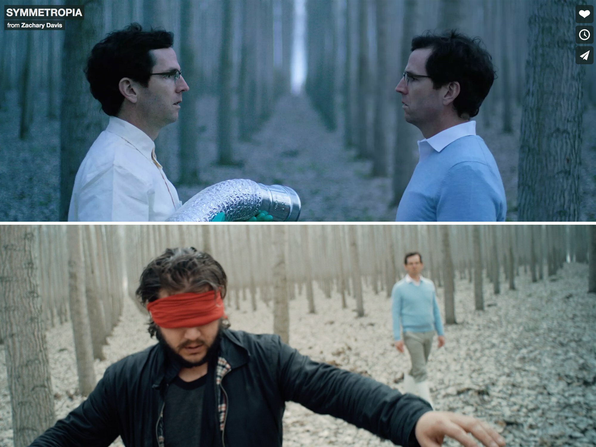 Symmetropia film stills by Zachary Davis: two men face off in a forest, a blindfolded man below