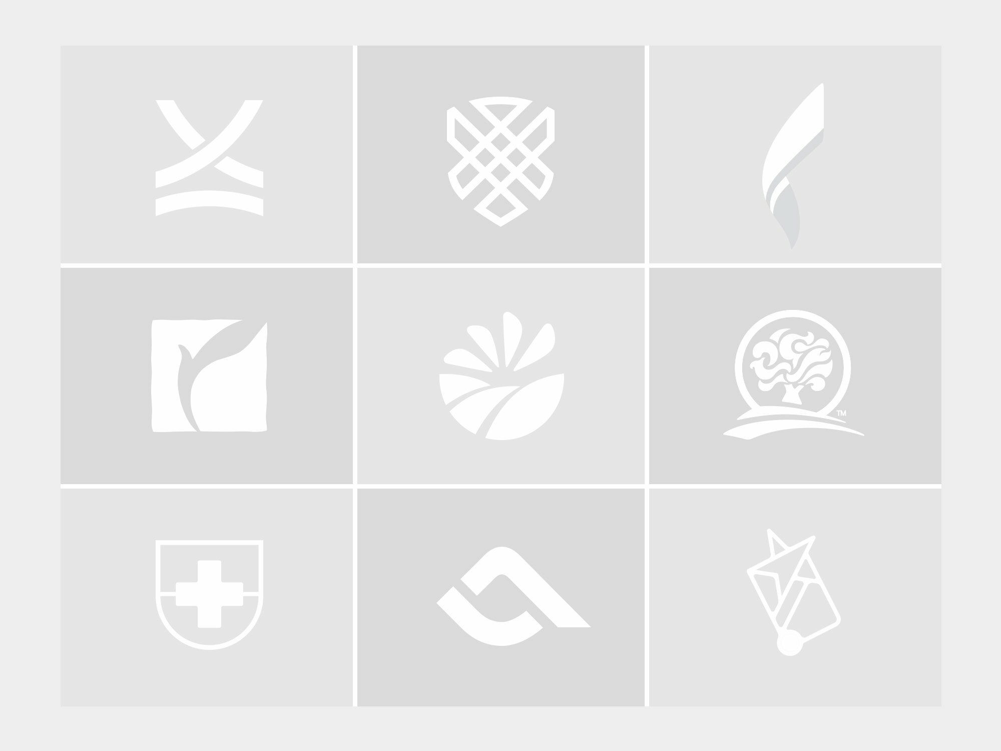 Grid of nine white brand logos shown as symmetrical and asymmetrical mark examples