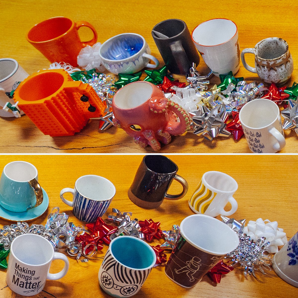 Grid of assorted mugs among holiday gift bows for a mug exchange