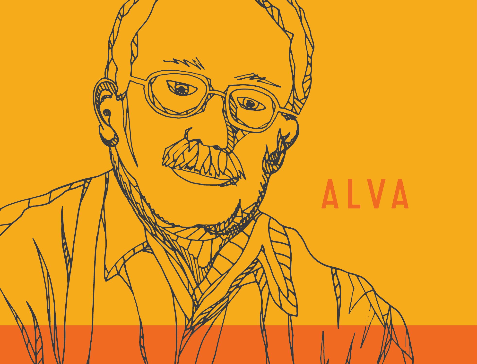 Line-art portrait of a bearded man in glasses on yellow, labeled ALVA