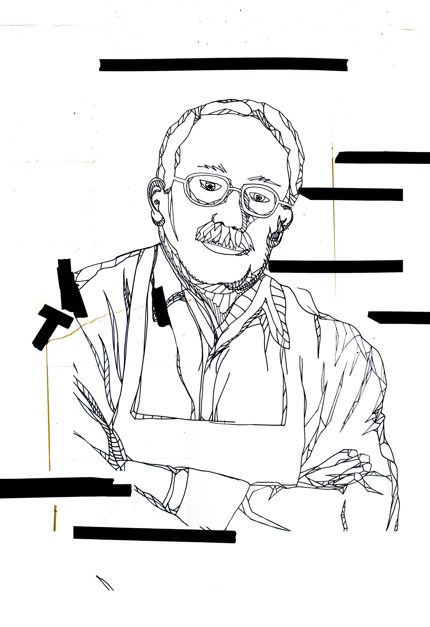 Ink line-drawing portrait of a bald mustachioed man in glasses with arms crossed