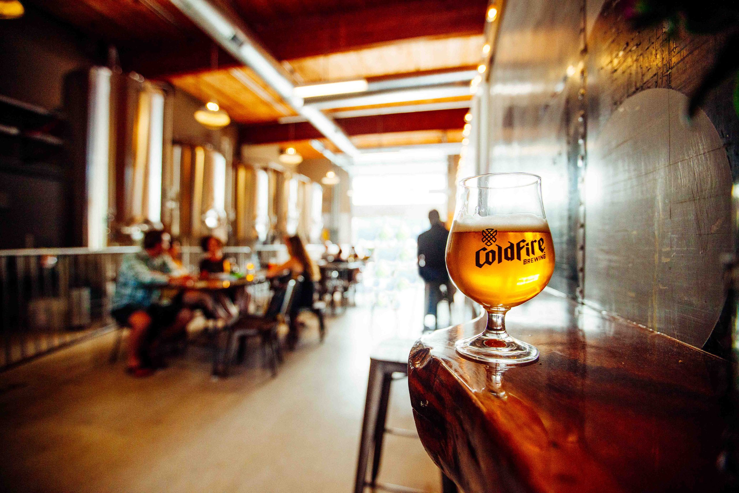 Golden beer in a ColdFire Brewing tulip glass on a live-edge bar in the taproom